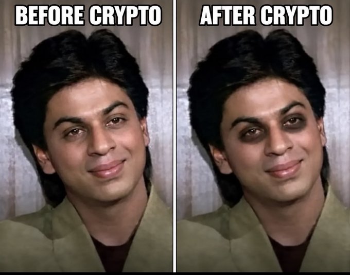 A meme comparing two photos of a man labeled 'BEFORE CRYPTO' and 'AFTER CRYPTO', with the latter showing darkened areas under the eyes to suggest exhaustion.