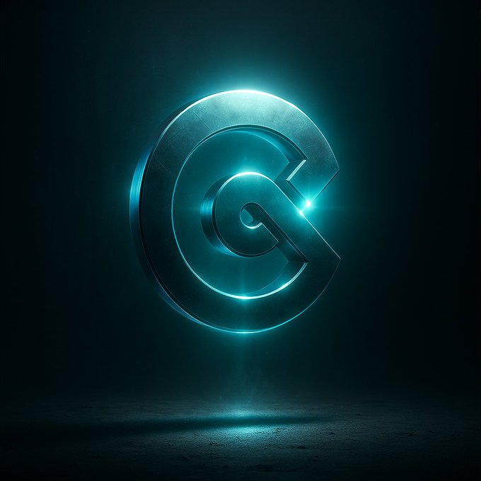 A glowing cyan logo resembling a stylized 'C' or circular emblem on a dark background with light reflections.