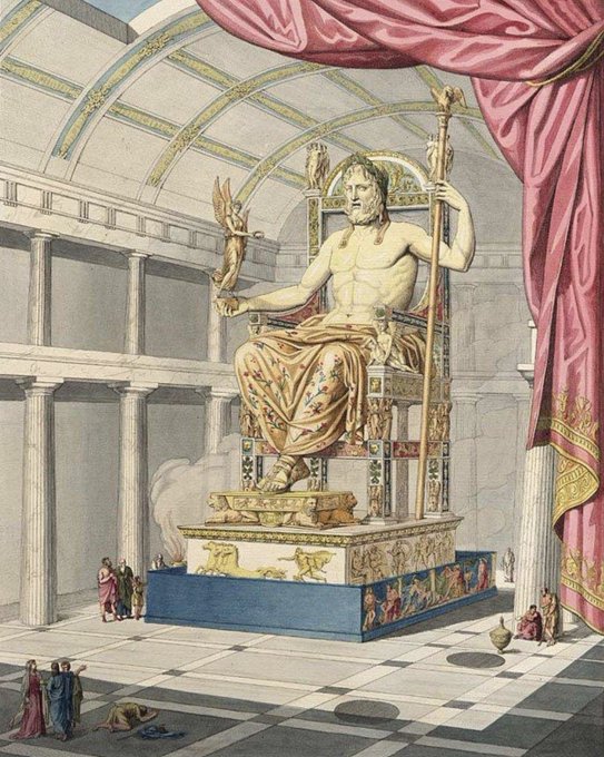 A classical illustration depicting the Statue of Zeus at Olympia, one of the Seven Wonders of the Ancient World, showing the seated Greek god on an ornate throne inside a grand temple with small figures gathered around the base.