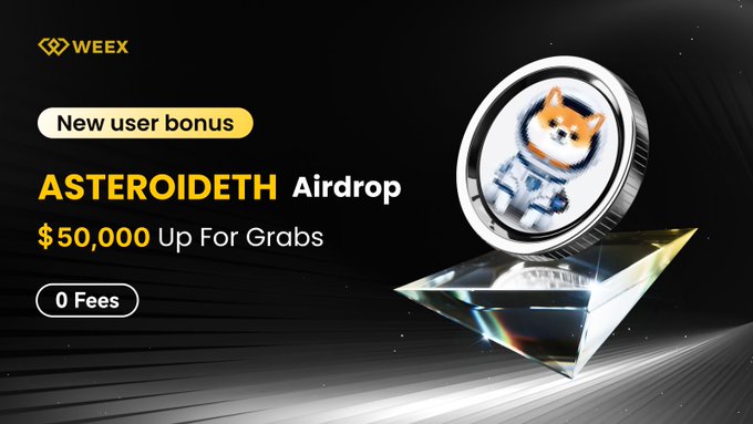 The image features a coin with an anime character, specifically a Shiba Inu dog wearing a spacesuit, placed on top of a pyramid-shaped glass object that has the text "ASTEROID airdrop" written on it. The background is black and white, which contrasts with the colorful elements in the foreground. Below this image, there's a post promoting an event called "Asteroid airdrop", where users can win 50,000 US dollars (USD) by participating in a cryptocurrency challenge or contest.