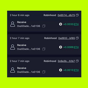 A screenshot of a crypto wallet transaction history showing three recent ETH (Ethereum) receive transactions from 'Robinhood' addresses.