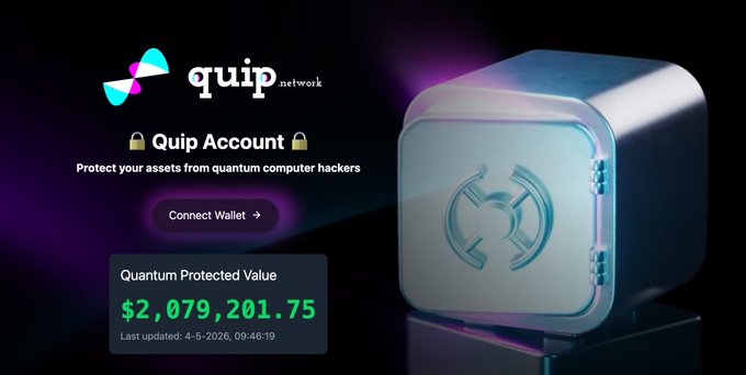A promotional image for Quip Network's Quip Account featuring a glowing 3D safe, advertising quantum-protected assets with $2,079,201.75 shown as the Quantum Protected Value.