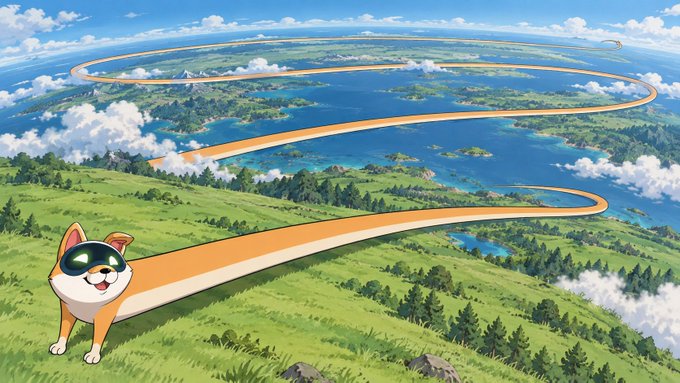 A cartoon dog with an exaggeratedly long, orange-and-white striped body winds through an expansive landscape of green hills, blue waters, and floating clouds, playfully answering the prompt's tongue-in-cheek exchange about its absurd length by cheerfully affirming, "YES."