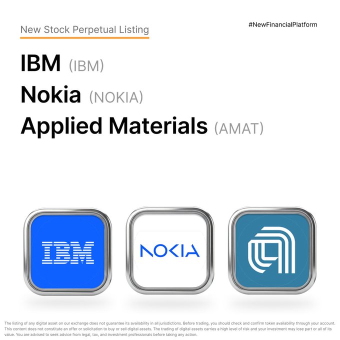 The image features three different logos for IBM, Nokia, and Amat (applied materials) companies. The logos are displayed side by side with a white background, creating an appealing visual contrast. The text "New Stock Perpetual Listing" is written in black at the top of the image, indicating that this is a new listing or information about these companies. The post also includes a hashtag #Bybit to further categorize and share the content.
