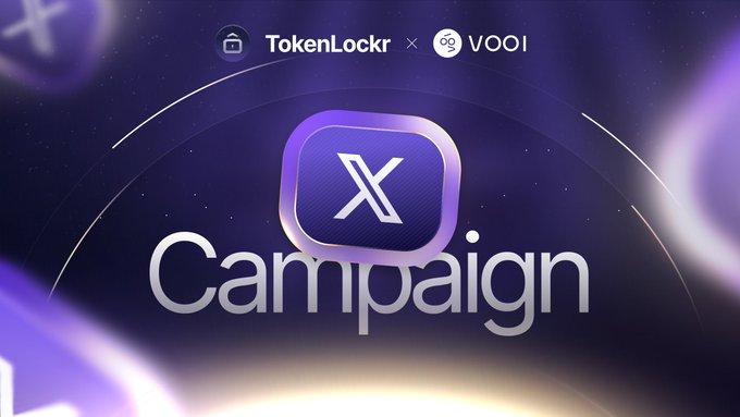 A promotional graphic displays the TokenLockr and VOOI logos at the top with a large 'X' icon and the word 'Campaign' against a purple cosmic background.