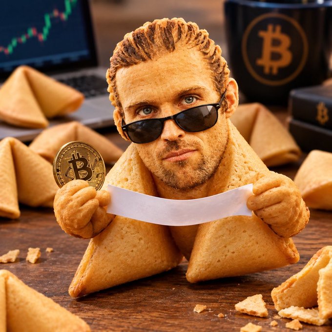 A humorous image showing a fortune cookie with a man's face (resembling actor Charlie Cox) wearing black sunglasses, holding a Bitcoin coin and a paper slip, surrounded by other fortune cookies with a trading chart and Bitcoin mug in the background.
