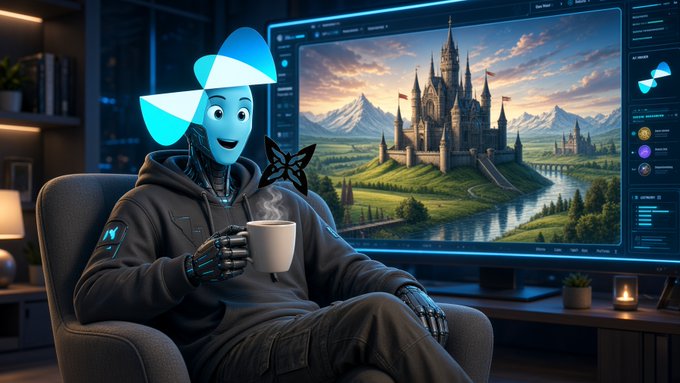 A futuristic AI character sits in a chair holding a coffee mug, with a large screen behind them displaying a fantasy castle landscape.