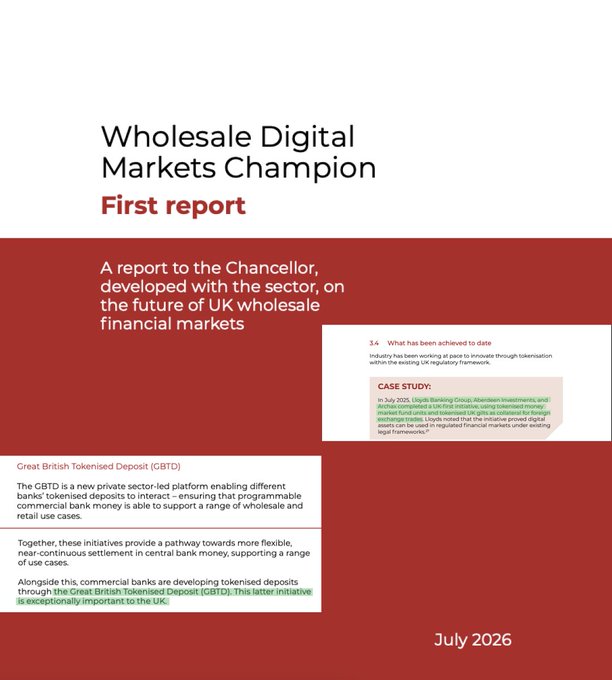 This image is a cover page for a "Wholesale Digital Markets Champion First report" dated July 2026, highlighting the Great British Tokenised Deposit (GBTD) initiative, including a July 2025 case study involving Lloyds Banking Group, Aberdeen Investments, and Archax that demonstrated £10 million of tokenised money assets on a UK-regulated digital assets exchange.

The post's reference to $QNT and $HBAR relates to the report's theme of wholesale digital markets and tokenization, as both Quant (QNT) and Hedera (HBAR) are blockchain projects focused on enterprise-grade tokenization and digital asset infrastructure for financial markets—aligning with the GBTD initiative's goal of enabling tokenised deposits for wholesale and retail use cases.