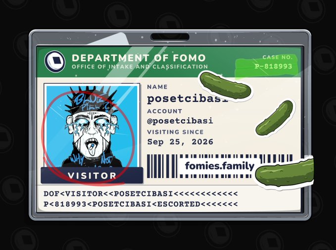 A digital illustration of a 'DEPARTMENT OF FOMO' visitor badge for user 'posetcibasi' (@posetcibasi), featuring a punk-style crying portrait, case number P-818993, and pickle stickers.
