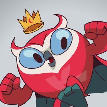 A cartoon illustration of a round, red owl-like superhero character with large blue eyes wearing a floating golden crown, with one fist raised triumphantly.