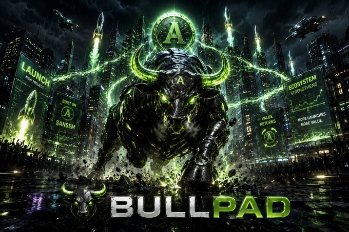 A promotional graphic featuring a metallic bull with glowing green eyes in a futuristic cityscape, with 'BULLPAD' text and side panels advertising 'LAUNCH', 'BUILT ON SANSEM', and 'ECOSYSTEM STRENGTHENS'.