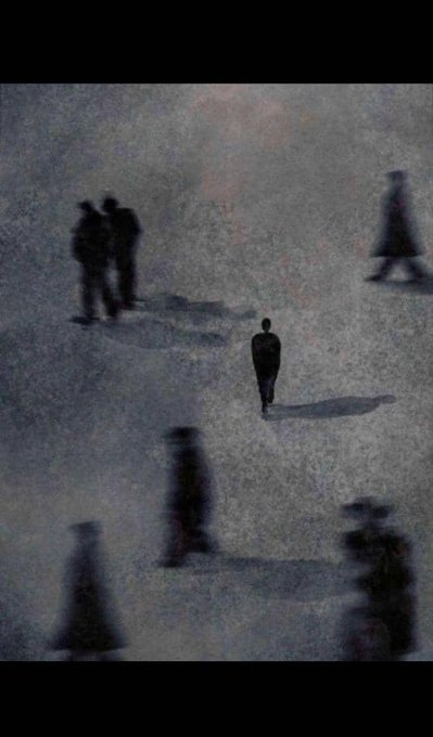A grainy, overhead shot shows a central figure standing alone in a vast concrete expanse, surrounded by several blurred silhouettes of people walking past him, casting long shadows. The image's theme of the isolated observer amid a crowd of indifferent passersby echoes the post's sentiment of one person holding conviction in $ANSEM and @TermMaxFi while others move on, underscoring the lonely patience required while waiting for execution.