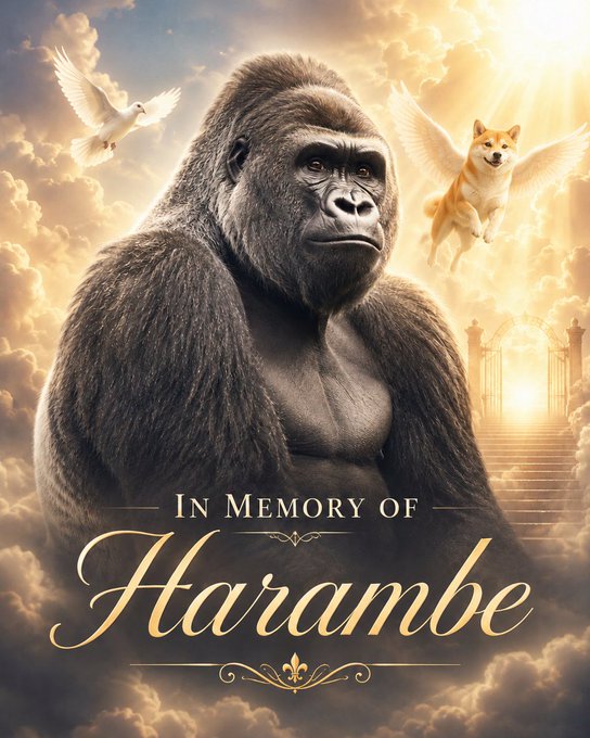 A memorial-style illustration of a gorilla with angel wings, doves, and a Shiba Inu dog flying in clouds, with text reading 'In Memory of Harambe'.