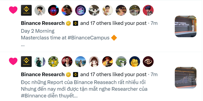 Social media post screenshots showing 'Binance Research' and 17 others liking posts from #BinanceCampus, including 'Day 2 Morning Masterclass time at #BinanceCampus' and a Vietnamese-language post about hearing Binance researchers speak.