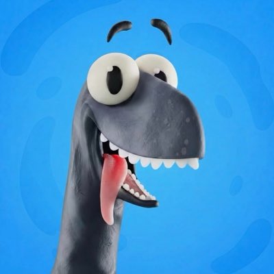 A cartoonish gray dinosaur character with large eyes and a big toothy grin on a blue background, fitting the playful branding of the Claynosaurz NFT collection featured on Amazon.