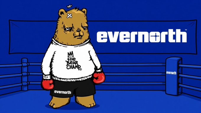 An illustration of a brown bear character dressed in boxing gear including red gloves and 'evernorth' branded shorts and shirt, standing in a blue boxing ring with 'evernorth' branding displayed prominently.