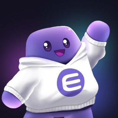 A 3D-rendered purple mascot character with a smiling face wearing a white sweater that features a purple logo with the letter 'E' on it, waving its hand against a dark background.