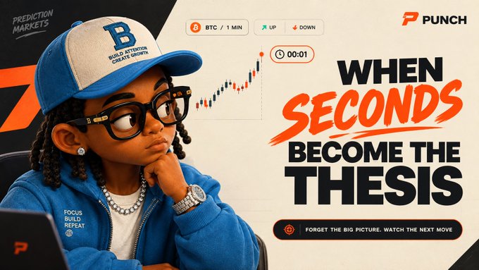 A stylized illustrated trader with a "B" cap (Build Attention Create Wealth) sits beside a BTC 1-min candlestick chart showing "UP/DOWN" options with a 00:01 timer, under the headline "WHEN SECONDS BECOME THE THESIS" and tagline "FORGET THE BIG PICTURE. WATCH THE NEXT MOVE" — visualizing the post's idea of ultra-short-term prediction markets where traders bet on Bitcoin's direction just one minute into the future.