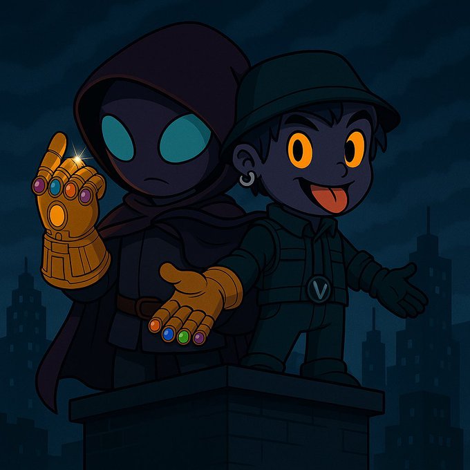 A cartoon illustration of two stylized characters standing on a rooftop at night; one is a hooded figure with glowing blue eyes wearing an Infinity Gauntlet, and the other is a smiling character in a cap with glowing orange eyes.