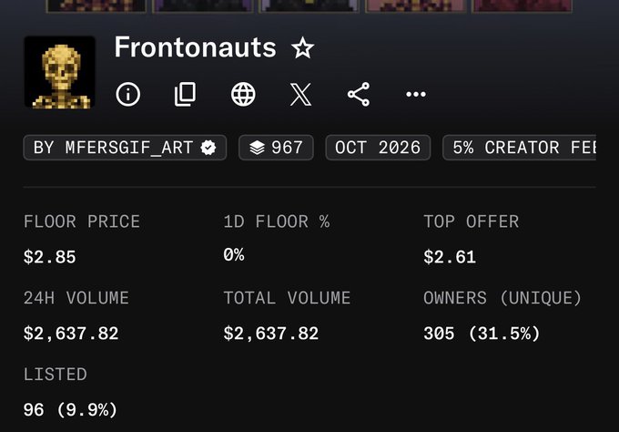 An NFT collection page for 'Frontonauts' by MFERSGIF_ART showing a floor price of $2.85, 967 items, and 305 unique owners.