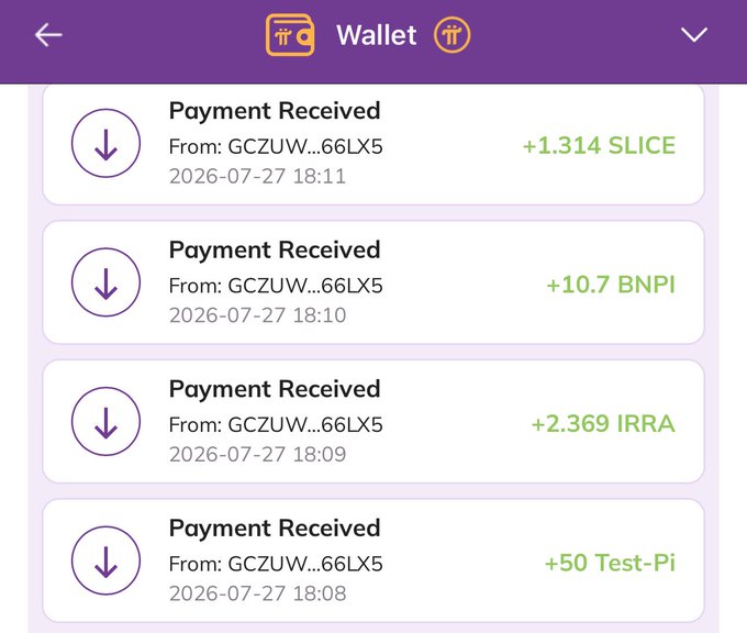 This image shows a Pi Wallet transaction history with various received payments, including SLICE, BNPI, IRRA, and Test-Pi. This visually supports the accompanying post's claim that the Pi Wallet has a chart feature, likely intended to display such transaction data.
