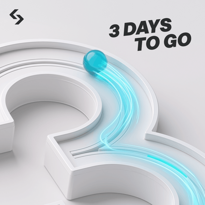 A glowing blue orb travels along a winding white track shaped like the number "8," with bold black text reading "3 DAYS TO GO" in the upper right corner, visually counting down to Bitget's 8th anniversary.