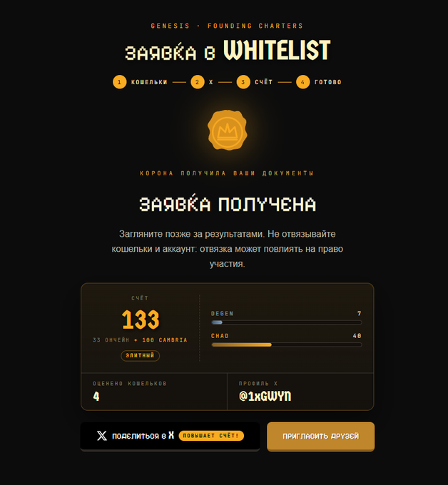A screenshot of a 'Genesis Founding Charters' whitelist application page with text in Russian, showing a score of 133 and the X profile '@1xGUYN'.