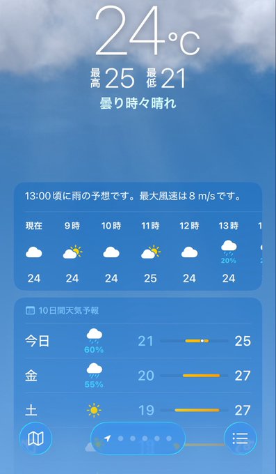 The image shows a weather forecast app with a blue background displaying the current temperature, humidity, wind speed, and other weather-related information for a specific location. The app also provides an option to view the forecasted conditions at different times throughout the day.