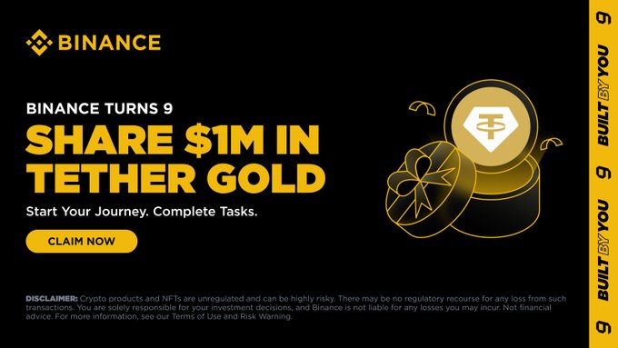 Binance's 9th-anniversary promotional banner offering to share $1M in Tether Gold (XAUT), featuring a "CLAIM NOW" button and gold coin graphics, aligning with the post about their India-exclusive campaign running until July 31, 2026.