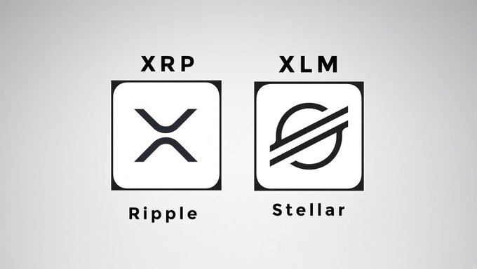 The image displays the logos for XRP (Ripple) and XLM (Stellar), two cryptocurrency networks, side by side in black-and-white square icons. The accompanying post discusses Sl8 Social's potential integration with both the Stellar and XRP Ledger networks, which the image visually represents by showcasing both blockchain's branding together.
