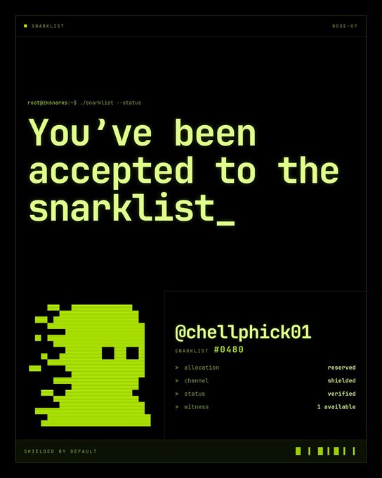 A digital graphic styled like a terminal screen announcing acceptance to the 'snarklist' for user @chellphick01, displayed with a green pixelated character.