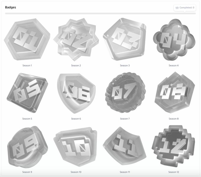 A grayscale grid displays 12 unique 3D-style "Badge" designs labeled "Season 1" through "Season 12," each featuring a distinct geometric shape with numbers 01-12. The image visually represents the season-specific badges referenced in the post, which explains that users with a Soneium Score over 80 in any season earn the corresponding badge, while holding any season's badge qualifies them for a free Soneium Score Legacy Badge.