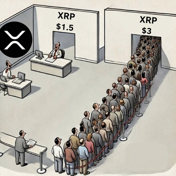 A satirical cartoon depicting a long line of people queuing up at a 'XRP $3' window, while only a few are helped at the adjacent 'XRP $1.5' window, with the XRP logo displayed on the left.