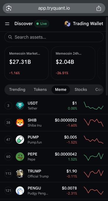 A screenshot from app.tryquant.io showing the Trading Wallet interface with a Memecoin Market cap of $27.31B (-1.16%) and a list of trending tokens including USDT, SHIB, PUMP, PEPE, TRUMP, and PENGU.
