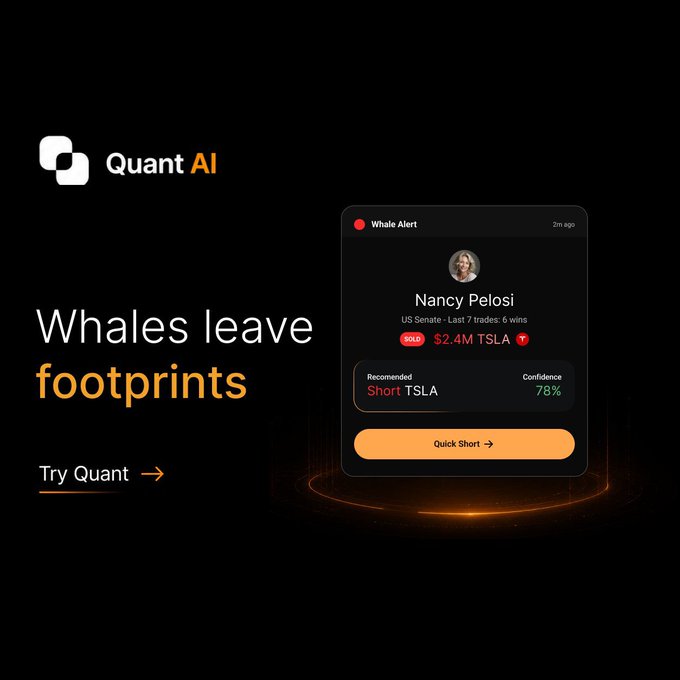 Quant AI advertisement with the tagline 'Whales leave footprints,' featuring a Whale Alert for Nancy Pelosi (US Senate) showing a $2.4M TSLA trade with a 'Short TSLA' recommendation at 78% confidence and a 'Quick Short' button.