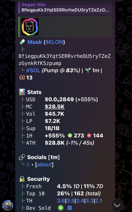 The image shows a phone screen with a social media app open, displaying information about a user's profile. The app has a purple background and features a colorful icon of a cartoon character. The main content of the app is a list of statistics for the user's account, including the number of followers, likes, and comments. The post also mentions that there are "8fiegpuKk3YqtSERRvrheDU5ryTZeZzGynkRfK5zpump #memecoin #solana #Degen".