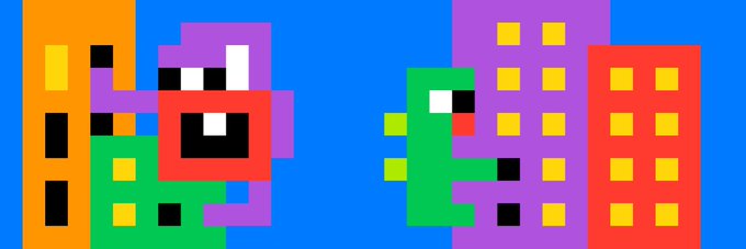 A pixel art image showing colorful blocky characters, including a purple and red figure on the left and a green character on the right, set against a bright blue background with city buildings.