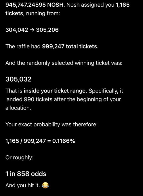 A screenshot showing raffle results where NOSH assigned 1,165 tickets, winning ticket was 305,032, giving 1 in 858 odds.