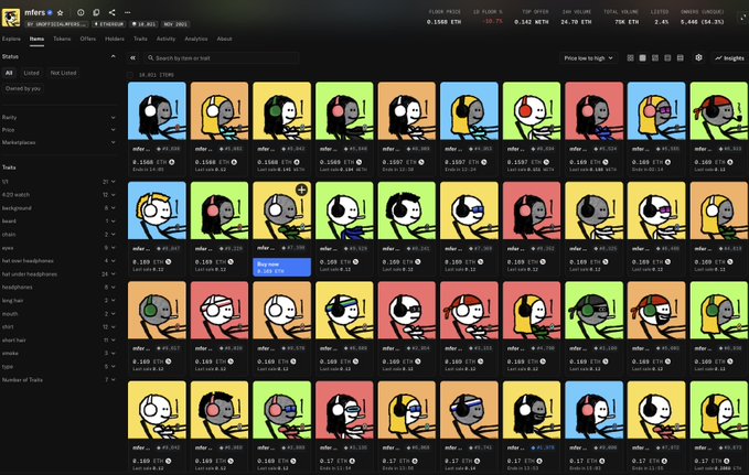 A screenshot of an NFT marketplace showing a collection of cartoon avatar NFTs with different headphone traits listed for sale at 0.15 ETH each.