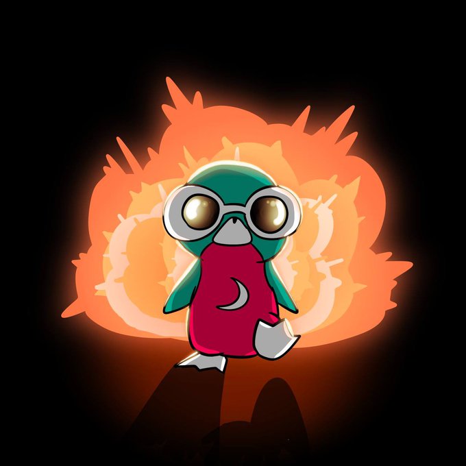 A cartoon-style illustration of a small teal penguin-like creature wearing oversized goggles and a red scarf stands in front of a glowing orange fiery aura against a dark background.