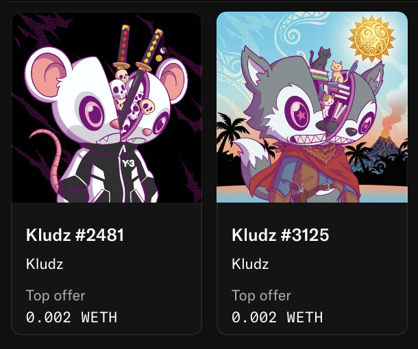 Two digital NFT collectible cards labeled "Kludz #2481" (a white mouse with katanas) and "Kludz #3125" (a wolf-like creature with a comb), both listed as "Top offer" at "0.002 WETH".