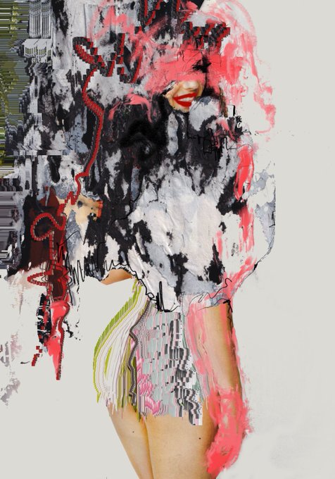 An abstract digital artwork featuring distorted human figures, red and black brushstrokes, and glitch effects layered over a photograph.
