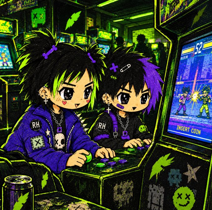 A vibrant, neon-colored illustration of two stylized emo characters playing an arcade fighting game, with an energy drink can nearby.