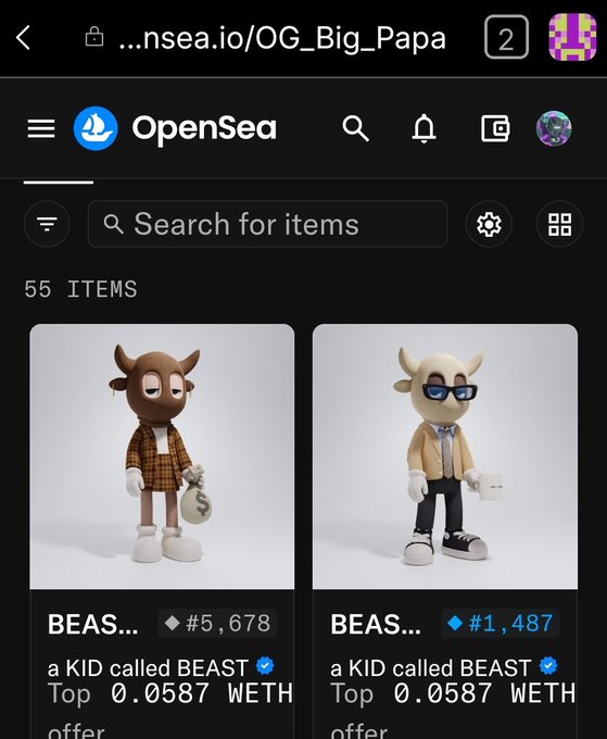 A screenshot of the OpenSea NFT marketplace showing two "a KID called BEAST" collectibles listed with a top offer of 0.0587 WETH.