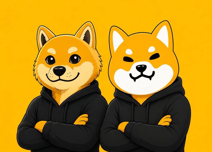 Cartoon illustration of two smiling Shiba Inu dogs wearing black hoodies with crossed arms against an orange background, in crypto meme style.