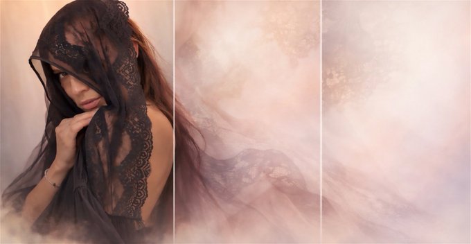 An artistic triptych portrait featuring a woman wearing a black lace veil on the left, with flowing smoke and pink-toned atmospheric elements across the three panels.