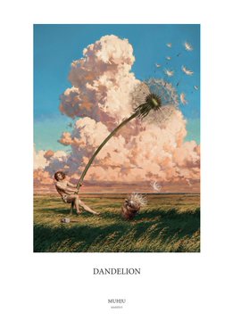 An artistic surrealist illustration titled 'DANDELION' showing a woman sitting in a grassy field under a massive dandelion-shaped cloud, reaching up as a giant dandelion stem arcs overhead with seeds blowing in the wind. 'MUSHU' is credited below the title.