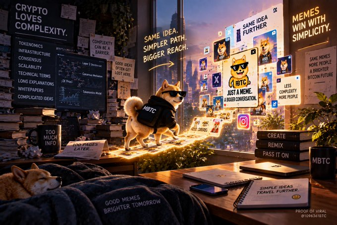 A dog wearing sunglasses and a "MBTC" vest stands on a glowing path amidst cluttered desks with sticky notes reading "CRYPTO LOVES COMPLEXITY," "SAME IDEA SIMPLER PATH BIGGER REACH," "MEMES WIN WITH SIMPLICITY," and "JUST A MEME, A BIGGER CONVERSATION," with a city skyline in the background and "PROOF OF VIRAL" credit at bottom right.