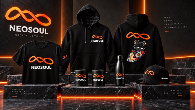A brand merchandise display for 'NEOSOUL' featuring black hoodies, t-shirts, a water bottle, mugs, and a cap, all bearing the orange infinity logo, with the tagline 'CREATE BEYOND'.