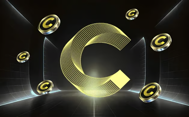 A stylized 3D graphic featuring a large golden letter 'C' in the center, surrounded by smaller golden coins bearing the same 'C' logo against a dark, glowing background.
